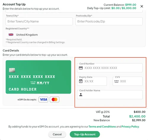 Topup Account Card Details